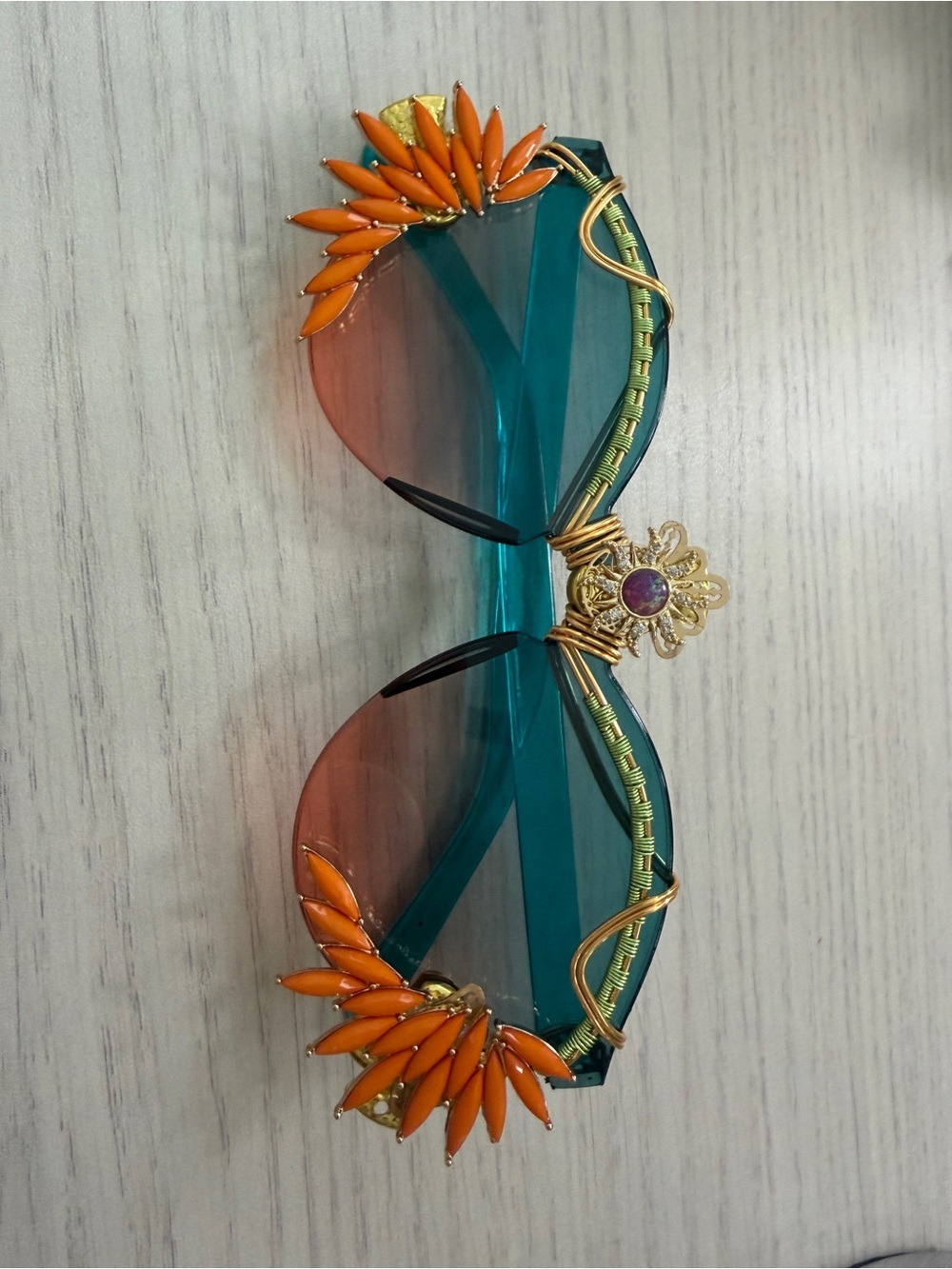 Women's Gradient Teal and Coral Sunglasses with Gold Filigree Accent - Picture 3 of 3